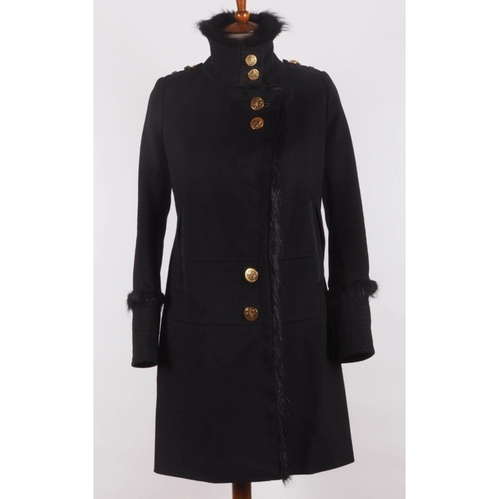 Gucci Vintage Women's Military Black Wool Fur Trim Gold Button Coat IT 42/ US 6